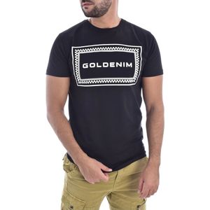 Goldenim paris, Tops, Heren, Blauw, S, Katoen, Bedrukt T-shirt - Zwarte Tinten, Rechte Pasvorm, Korte Mouwen