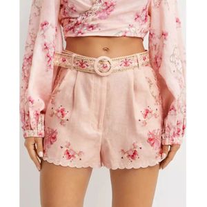 Camilla, Korte broeken, Dames, Roze, M, Linnen, Bloemen linnen shorts met schelprand