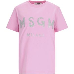 Msgm, Tops, Dames, Roze, S, Katoen, Roze Glitter Logo T-shirt