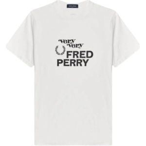 Fred Perry, Tops, Heren, Wit, L, Katoen, Bedrukt ronde hals katoenen T-shirt