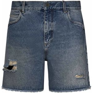 Balmain, Korte broeken, Heren, Blauw, W31, Denim, Blauwe Vintage Denim Shorts met Logo Borduursel
