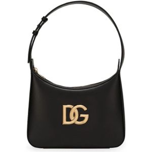 Dolce & Gabbana, Tassen, Dames, Zwart, ONE Size, Leer, Zwarte leren schoudertas met metalen logo