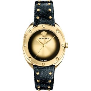 Versace, Zwart Lederen Gouden Roestvrijstalen Horloge Geel, Dames, Maat:ONE Size