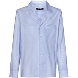 Balmain, Overhemden, Heren, Blauw, L, Katoen, Blauwe Pyjama-Stijl Katoenen Poplin Overhemd