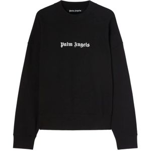 Palm Angels, Sweatshirts & Hoodies, Heren, Zwart, M, Katoen, Zwart Logo-Print Crew-Neck Sweatshirt