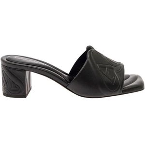 Alexander McQueen, Schoenen, Dames, Zwart, 38 1/2 EU, Leer, Zwarte metallic leren platte sandalen