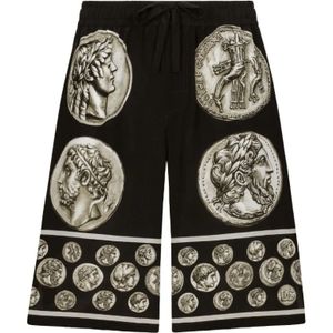 Dolce & Gabbana, Korte broeken, Heren, Zwart, M, Zijden Bermuda Shorts met Muntprint