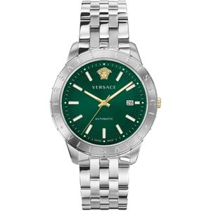 Versace, Accessoires, Heren, Grijs, ONE Size, Automatisch horloge met datumvenster en roestvrijstalen armband