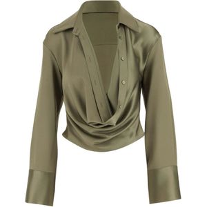 Blumarine, Groene Satijnen V-hals Shirt met Knoopsluiting en Lange Mouwen Groen, Dames, Maat:S