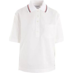 Thom Browne, Tops, Dames, Wit, S, Katoen, Witte Seersucker Katoenen Polo met Gestreepte Kraag