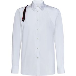 Alexander McQueen, Overhemden, Heren, Wit, M, Katoen, Witte Stretch Katoenen Overhemd met Logo Tape Detail
