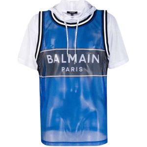 Balmain, Tops, Heren, Blauw, S, Polyester, Blauw Hoodie T-shirt met Logo - L