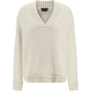 Tom Ford, Truien, Dames, Wit, L, Wol, Witte Alpaca Sweater V-Hals Geribbeld