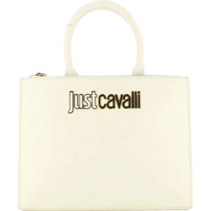 Just Cavalli, Tassen, Dames, Wit, ONE Size, Leer, Wit Rechthoekige Handtas met Gouden Accenten