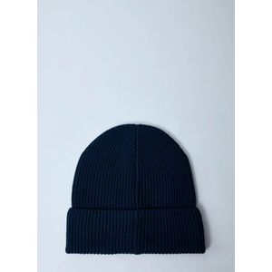 Moncler, Accessoires, Heren, Blauw, ONE Size, Katoen, Logo Patch Beanie Hat van katoenbreisel