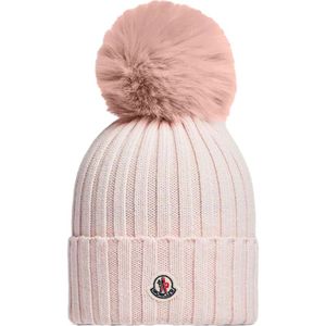 Moncler, Accessoires, Dames, Roze, ONE Size, Wol, Beanie met Pom Pom - Baby Pink