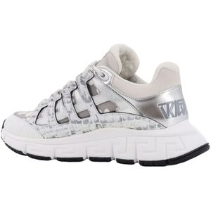 Versace, Schoenen, Heren, Wit, 41 1/2 EU, Nylon, Witte Tiger Print Lage Top Sneakers