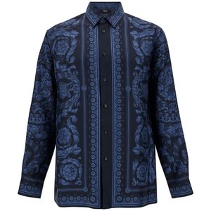 Versace, Overhemden, Heren, Blauw, L, Zijden Shirt met Barocco Print