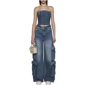 Amiri, Tops, Dames, Blauw, L, Denim, Denim Strapless Top met Contraststiksels