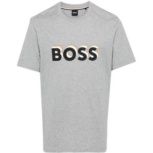Hugo Boss, Grijze Katoenen T-shirt met Logo Stempel Grijs, Heren, Maat:S