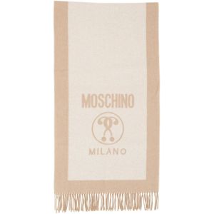 Moschino, Accessoires, Dames, Beige, ONE Size, Wol, Effen Wollen Sjaal met Franjes en Logo