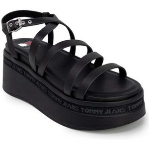 Tommy Jeans, Schoenen, Dames, Zwart, 40 EU, Leer, Hoge hak leren sandalen dames collectie