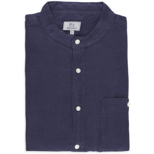 Woolrich, Overhemden, Heren, Blauw, XL, Linnen, Blauwe Linnen Mandarin Kraag Shirt