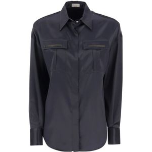 Brunello Cucinelli, Elegante Stretch Zijden Satijnen Shirt met Glanzende Zakken Blauw, Dames, Maat:L