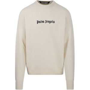 Palm Angels, Sweatshirts & Hoodies, Heren, Beige, M, Wit Zwart Klassiek Logo Sweater