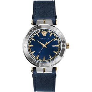 Versace, Accessoires, Heren, Veelkleurig, ONE Size, Aion Leren Band Blauw Wijzerplaat Horloge