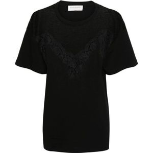 Ermanno Scervino, Tops, Dames, Zwart, S, Katoen, Zwart T-shirt met bloemenkant en mesh-paneel