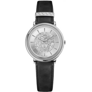 Versace, Accessoires, Dames, Grijs, ONE Size, V Circle Zwart Leren Horloge