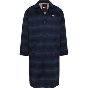 Tommy Hilfiger, Mantels, Heren, Blauw, M, Wol, Blauw geruite wollen jas