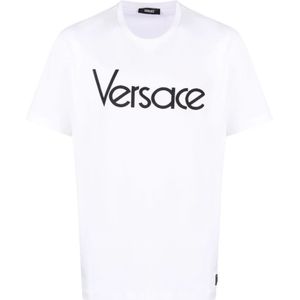 Versace, Tops, Heren, Wit, S, Geborduurd T-shirt met eerbetoon