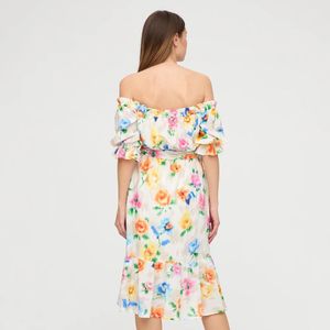 Moschino, Kleedjes, Dames, Veelkleurig, S, Katoen, Levendige Zomerse Midi Jurk met Gerimpelde Mouwen