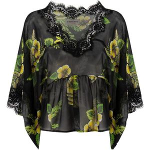 Ermanno Scervino, Blouse met kanten details in zwart/geel/groen Veelkleurig, Dames, Maat:S