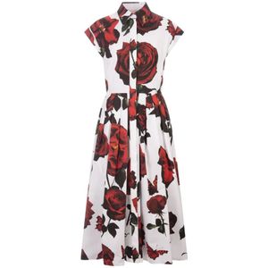 Alexander McQueen, Kleedjes, Dames, Veelkleurig, S, Katoen, Witte Midi Overhemdjurk met Tudor Rose Print