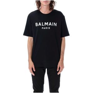 Balmain, Tops, Heren, Zwart, XL, Katoen, Logo T-Shirt met Ronde Hals en Korte Mouwen
