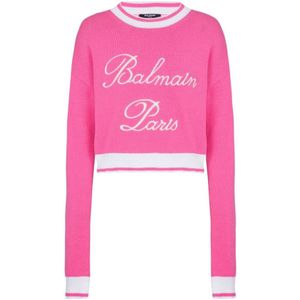 Balmain, Truien, Dames, Roze, S, Roze Gebreide Logo Trui