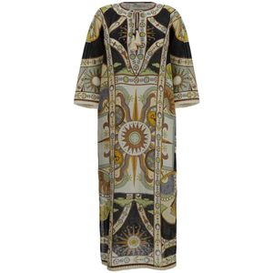 Tory Burch, Grafische Print Linnen Kaftan Jurk Veelkleurig, Dames, Maat:S