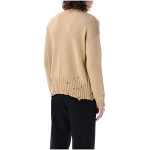 Marni, Truien, Heren, Beige, M, Wol, Gedistresseerde Crewneck Gebreide Kleding Sand