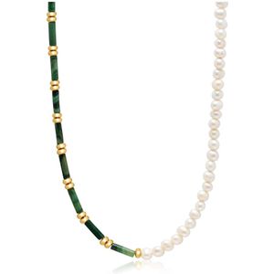 Nialaya, Beaded Necklace with Freshwater Pearls and Green Jade Groen, Dames, Maat:ONE Size