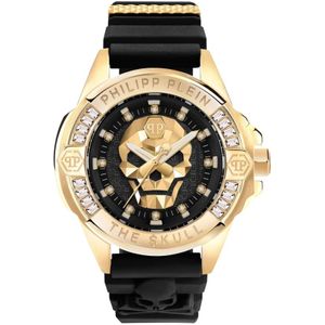Philipp Plein, Accessoires, Dames, Zwart, ONE Size, The $kull Genderless Crystal Titan Goud Horloge