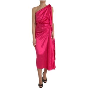 Dolce & Gabbana, Kleedjes, Dames, Roze, M, Fuchsia Zijden One-Shoulder Wrap Jurk