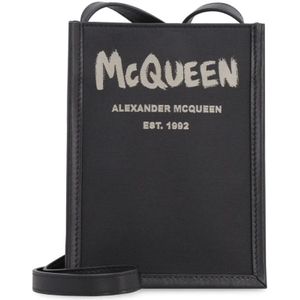Alexander McQueen, Tassen, Dames, Zwart, ONE Size, Nylon, Logo Messenger Tas met Leren Details