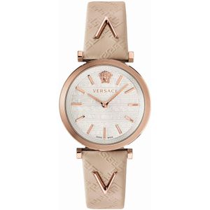 Versace, V-Twist Ivoor Leder Zilver Roségoud Horloge Wit, Dames, Maat:ONE Size