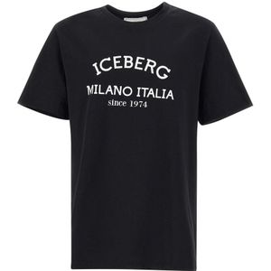 Iceberg, Tops, Heren, Zwart, S, Katoen, Zwart Crew Neck Logo Print T-shirt