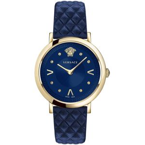 Versace, Accessoires, Dames, Blauw, ONE Size, Chic Blauw Lederen Goud Stalen Horloge