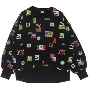 Puma, Sweatshirts & Hoodies, Dames, Zwart, M, Oversized Bedrukte Sweater