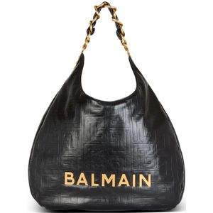 Balmain, Tassen, Dames, Zwart, ONE Size, Leer, Grote 1945 Soft Hobo tas in reliëf gekreukt kalfsleer met een PB Labyrint monogram